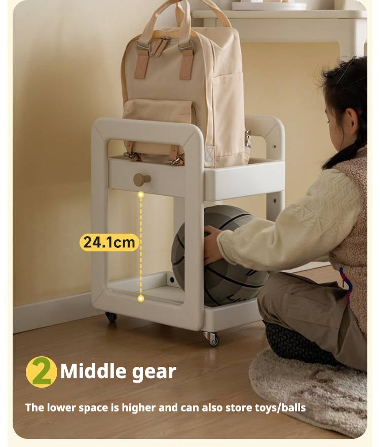 Rubber Solid Wood White Cream Style Under-Desk Movable Storage Rack.