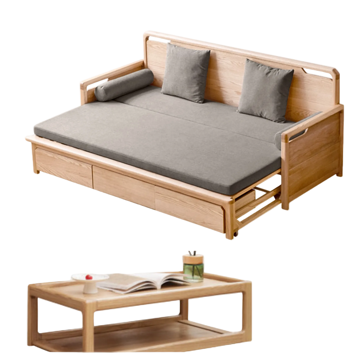 Oak solid wood Convertible Daybed Sofa with Integrated Storage