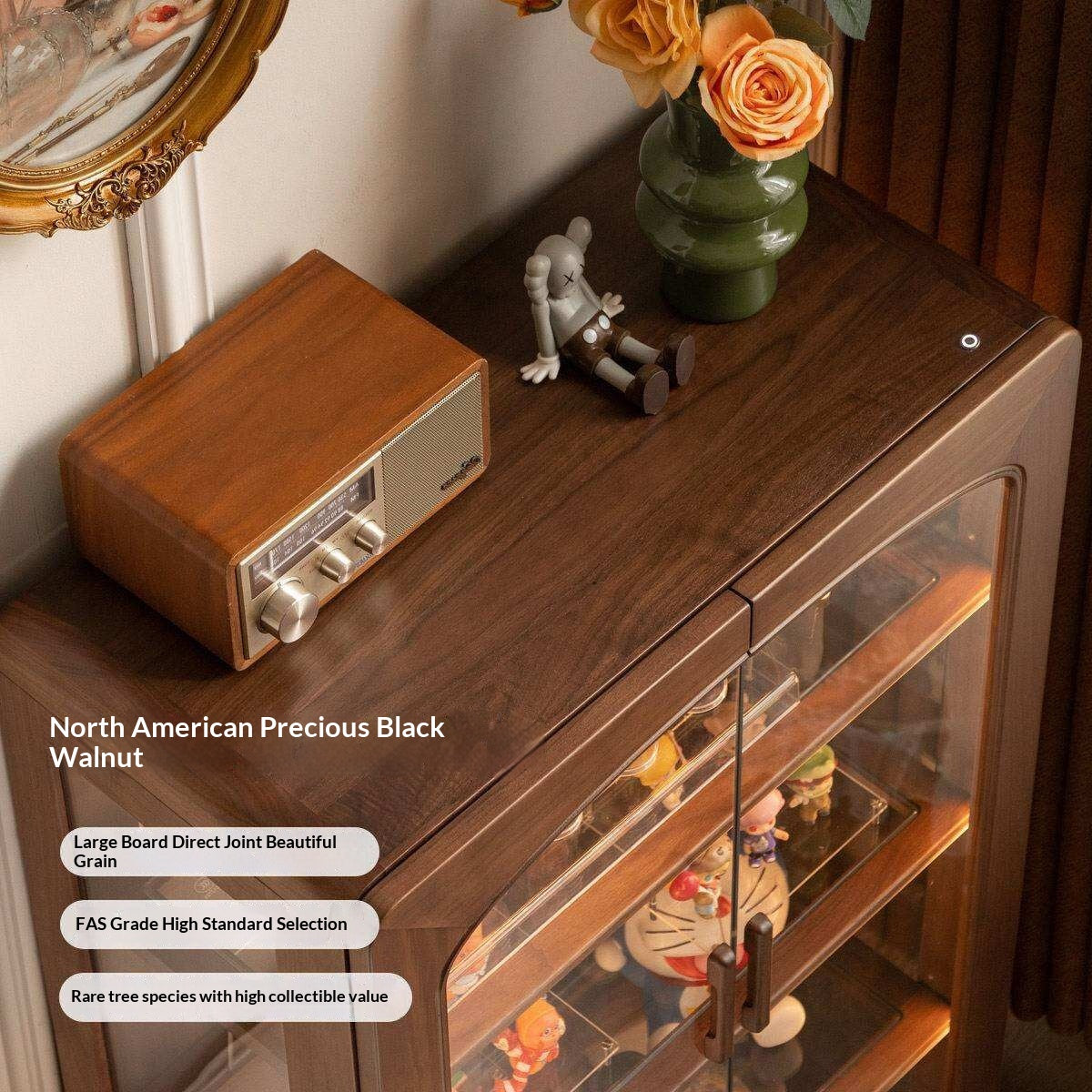 Black Walnut Solid Wood Side Cabinet with LED Lighting and Glass Panels