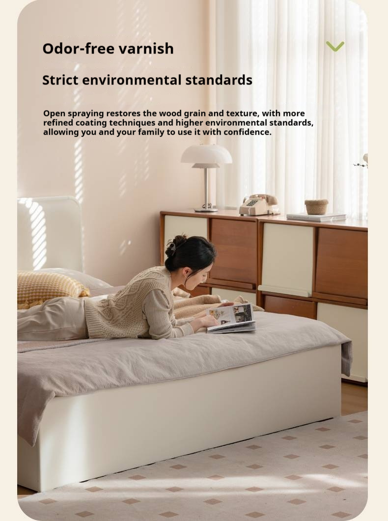 Rubberwood Solid Wood Bed Modern Minimalist Box Bed White Cream Style