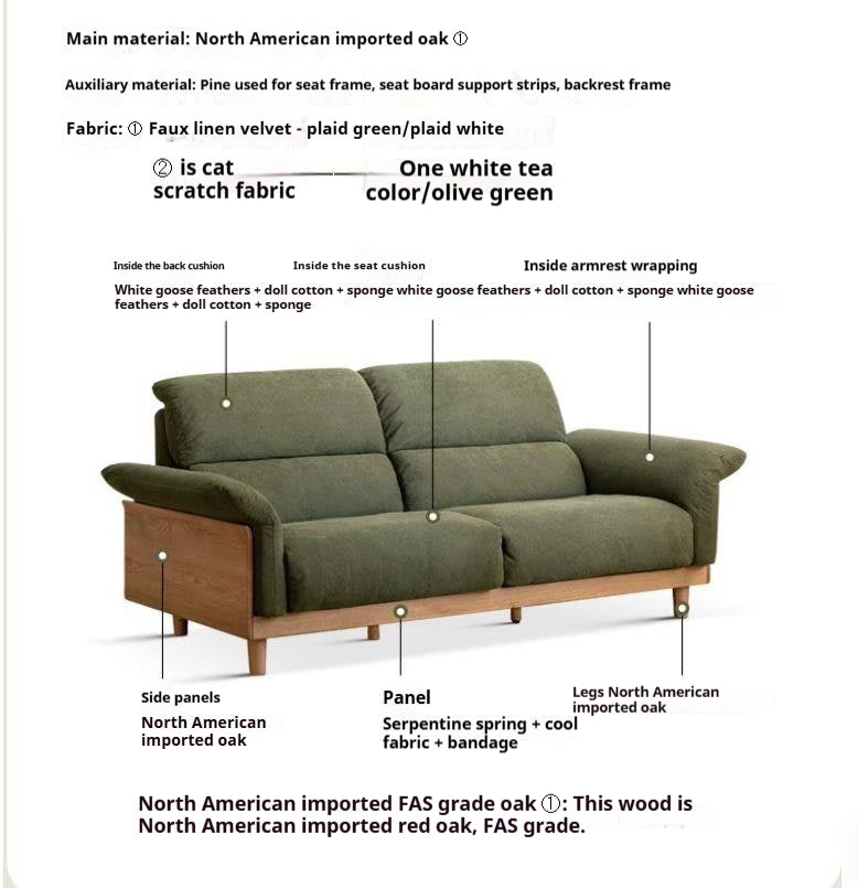 Oak Solid Wood Fabric Sofa, Couch with High Back Cushions, Durable Pet-Friendly Upholstery