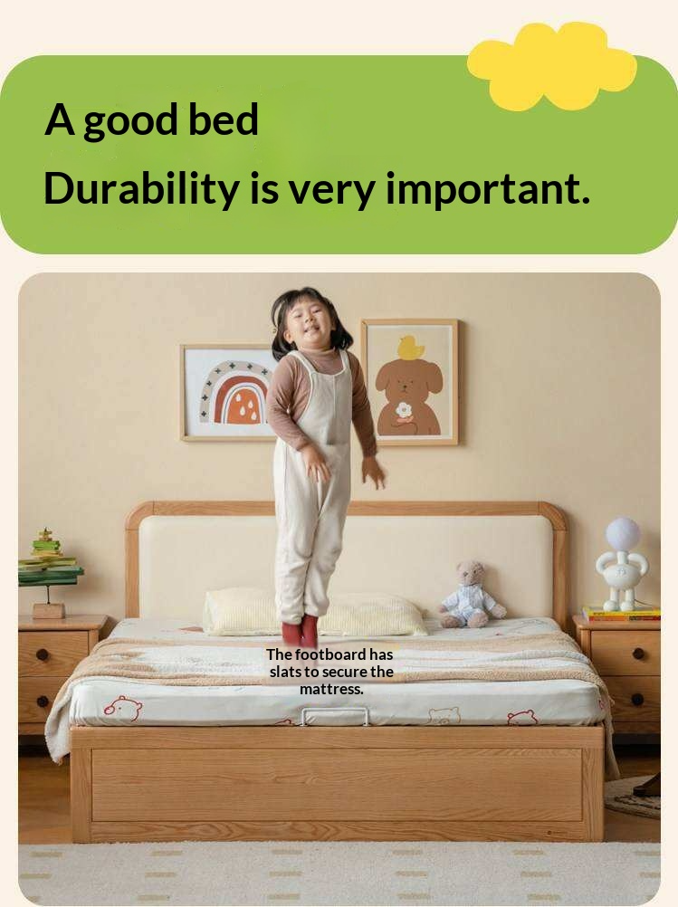 Oak, Rubberwood Solid Wood Upholstered Kids Storage Bed with Gas Lift and Rounded Headboard