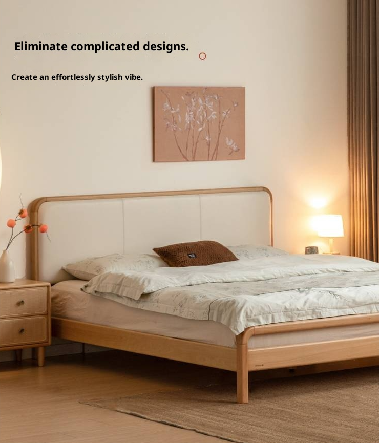 Beech Solid Wood Genuine Leather Soft Headboard Bed