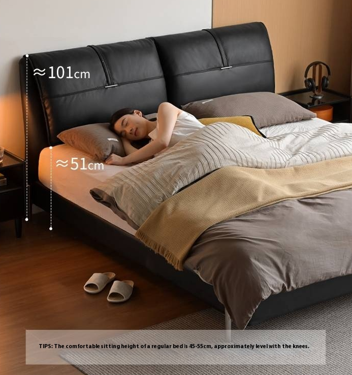 Genuine Leather Italian Light Luxury Black Bed