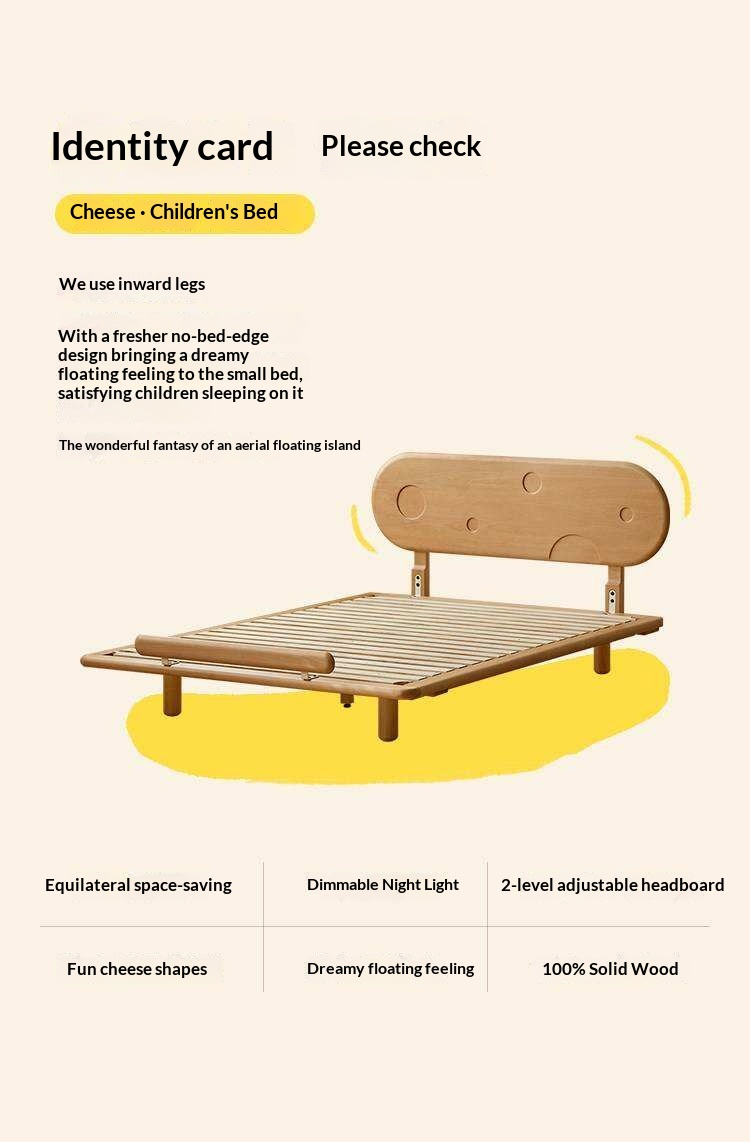 Beech Solid Wood Kids Floating Bed with Night Light and Optional Guardrails