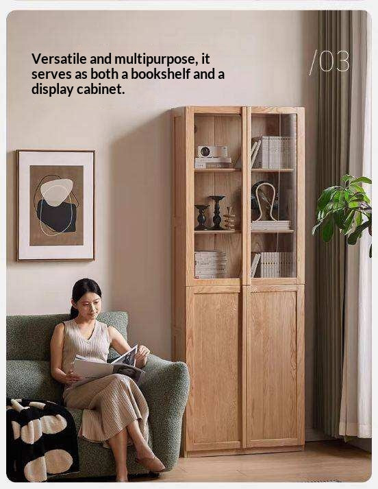 Oak Solid Wood Bookcase with Glass Doors, Large Oak Storage Cabinet for Living Room Display