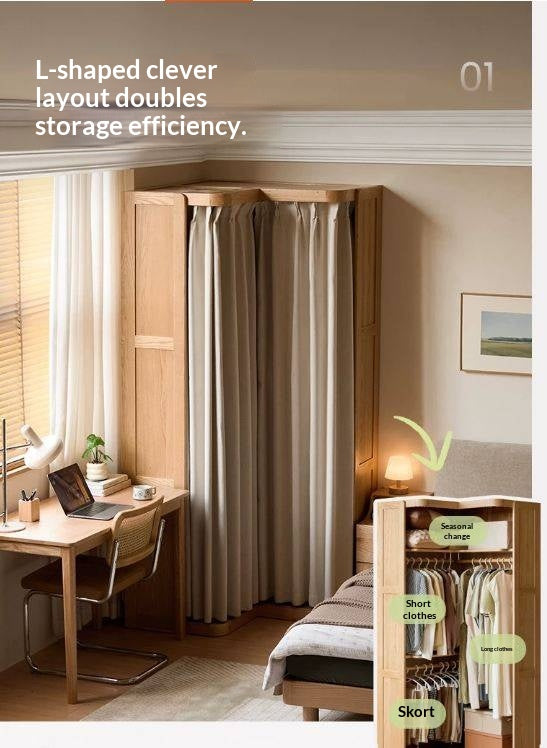 Oak Solid Wood Corner Wardrobe with Removable and Washable Fabric Curtain