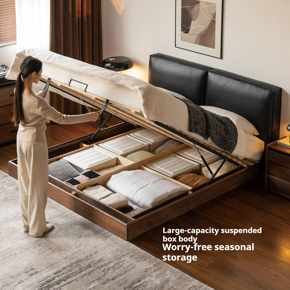 Black Walnut Solid Wood Box Bed — Italian Light Luxury, Genuine Leather Upholstered Headboard