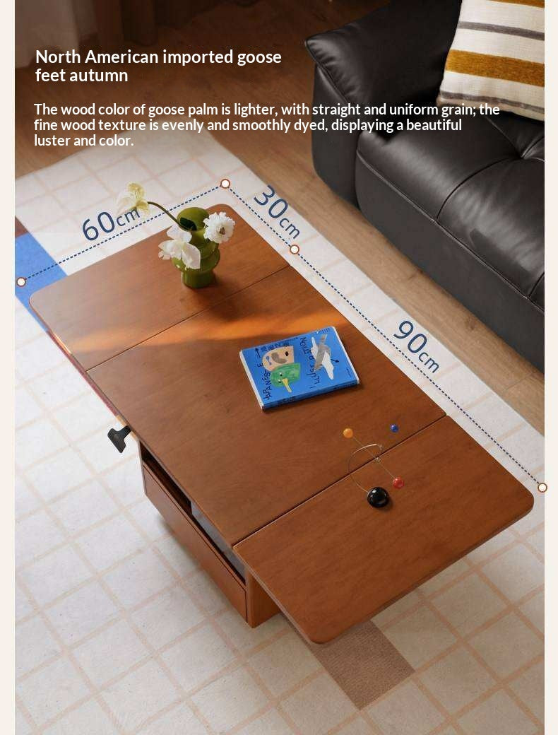 Tulipwood Solid Wood Lifting Coffee Table with Folding Square Top
