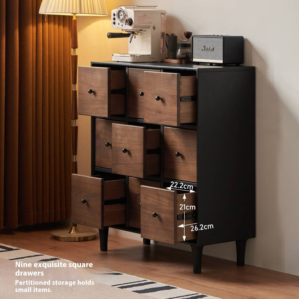 Black Walnut Solid Wood Italian Light Luxury Nine Drawer Drawer Cabinet