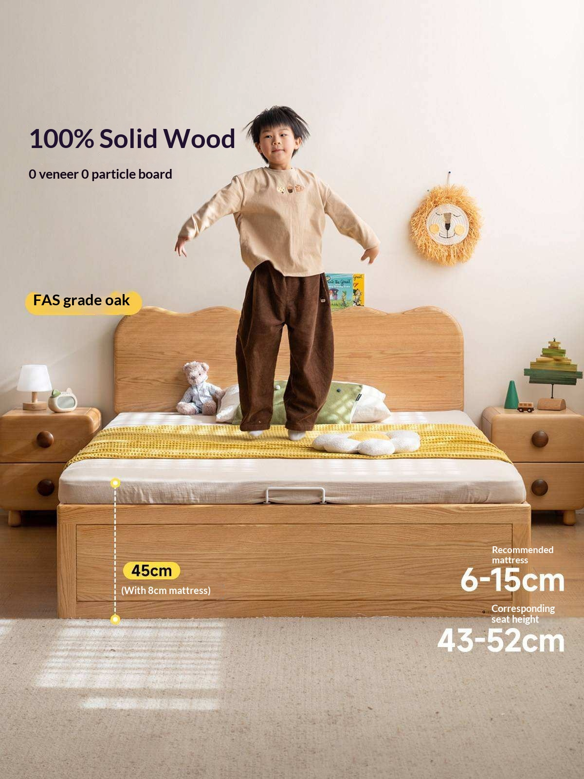 Oak Solid Wood Kids Side-Lift Storage Bed
