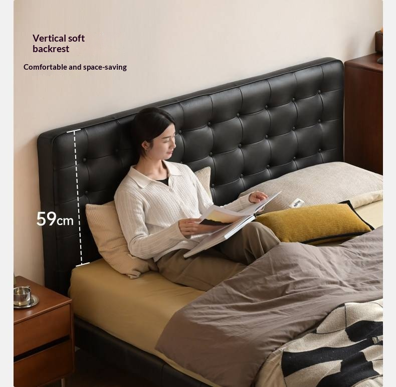 Genuine Leather Bed — Italian Light Luxury, Bauhaus Edge Design, Black Finish