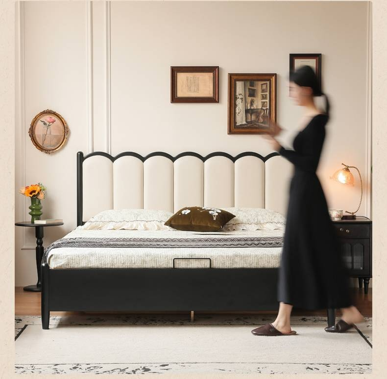 Rubberwood Solid Wood Upholstered Storage Box Bed, French Retro Style