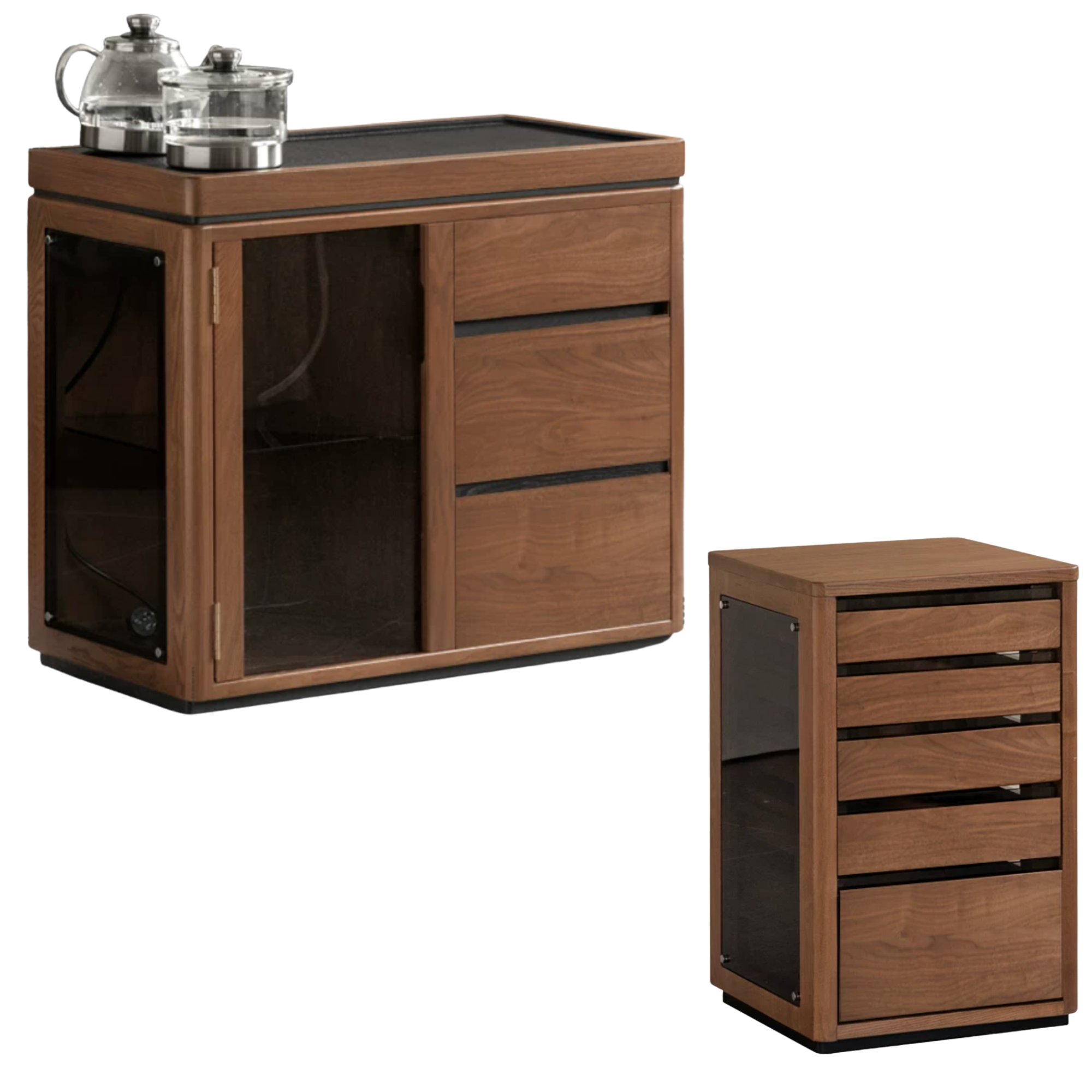 Black Walnut, Ash Solid Wood Tea Cabinet with Integrated Kettle Station – Rolling Tea Cart