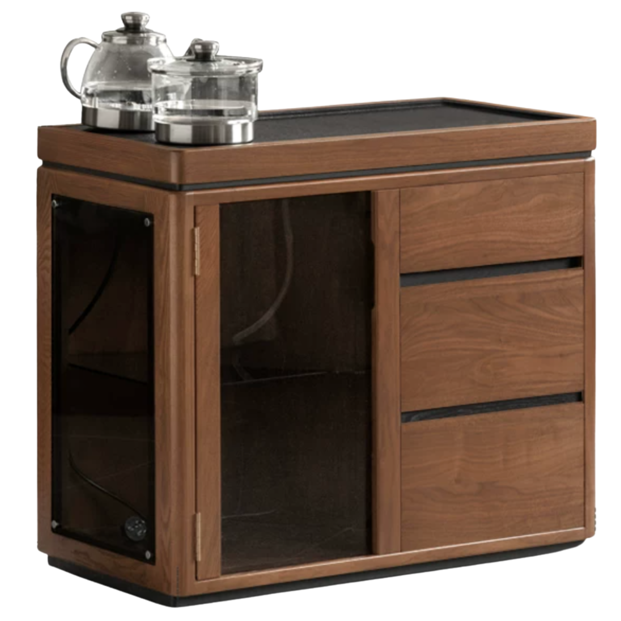 Black Walnut, Ash Solid Wood Tea Cabinet with Integrated Kettle Station – Rolling Tea Cart