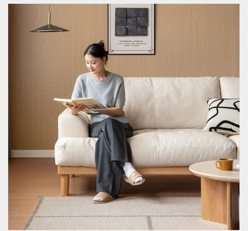 Oak Solid Wood Genuine Leather Sofa