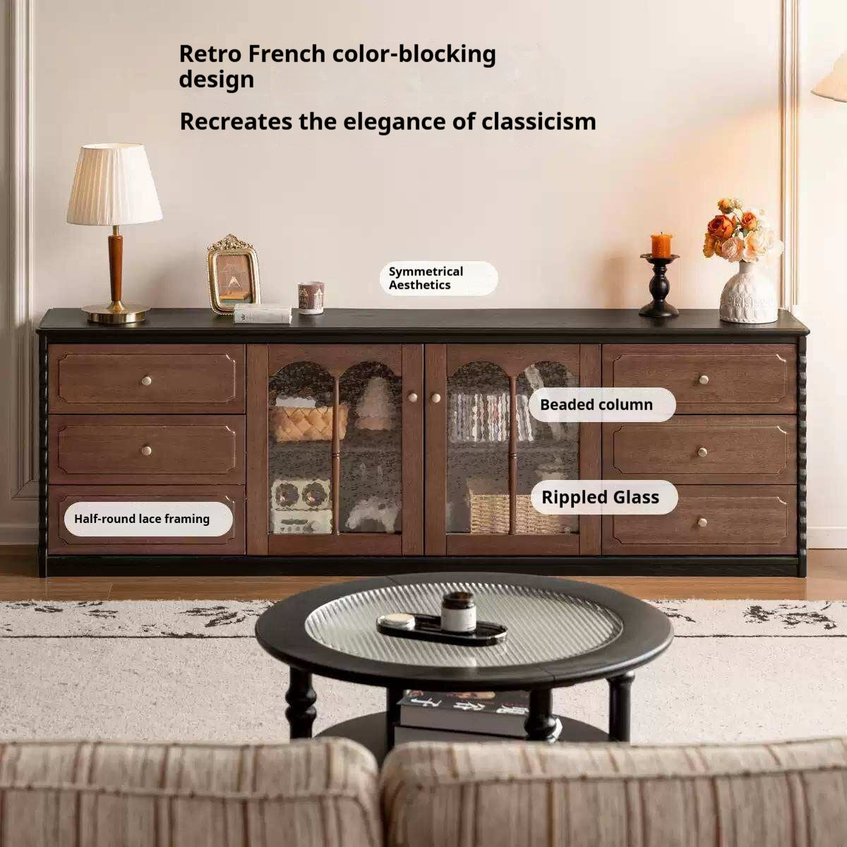 Ash Solid Wood TV Stand with Glass Doors and Drawers, French Style Media Console for Living Room