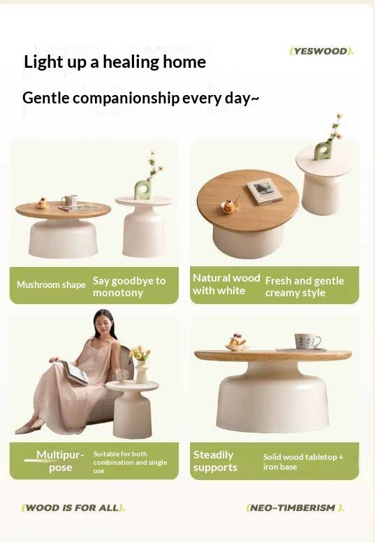 Oak Solid Wood, Solid RubberWood Round Nesting Coffee Tables, Modern Cream Style