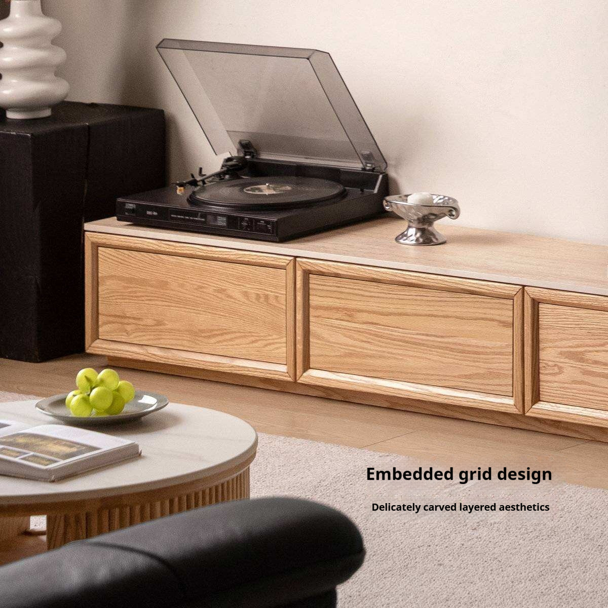 Oak Solid Wood TV Stand with Integrated Storage and Stone Top Panel