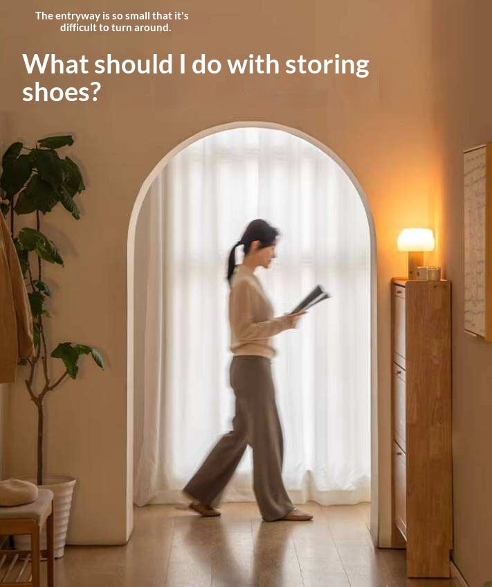 Oak Solid Wood Flip-Front Shoe Cabinet with Compact Vertical Design