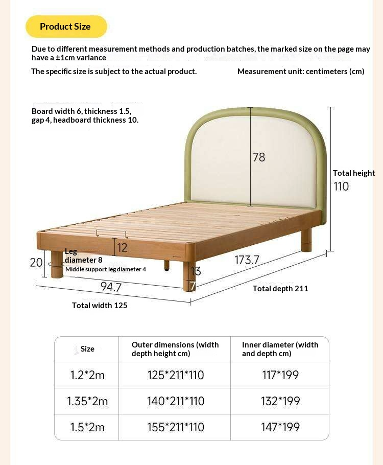 Beech solid wood Kids Bed with Round Headboard and Adjustable Height Legs