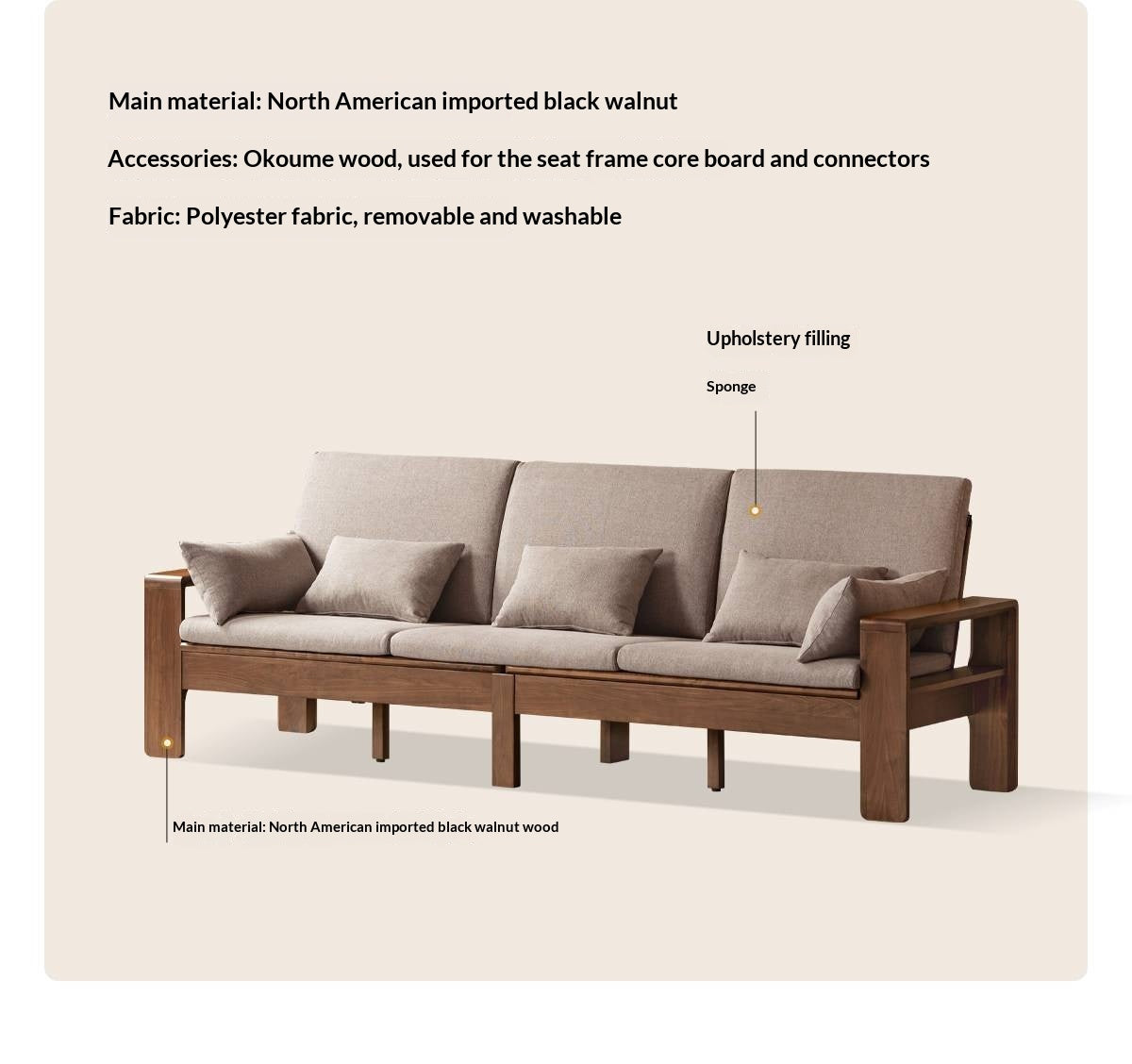 Black Walnut, Sandalwood Solid Wood Fabric Sofa with Raised Legs, Winter/Summer Use