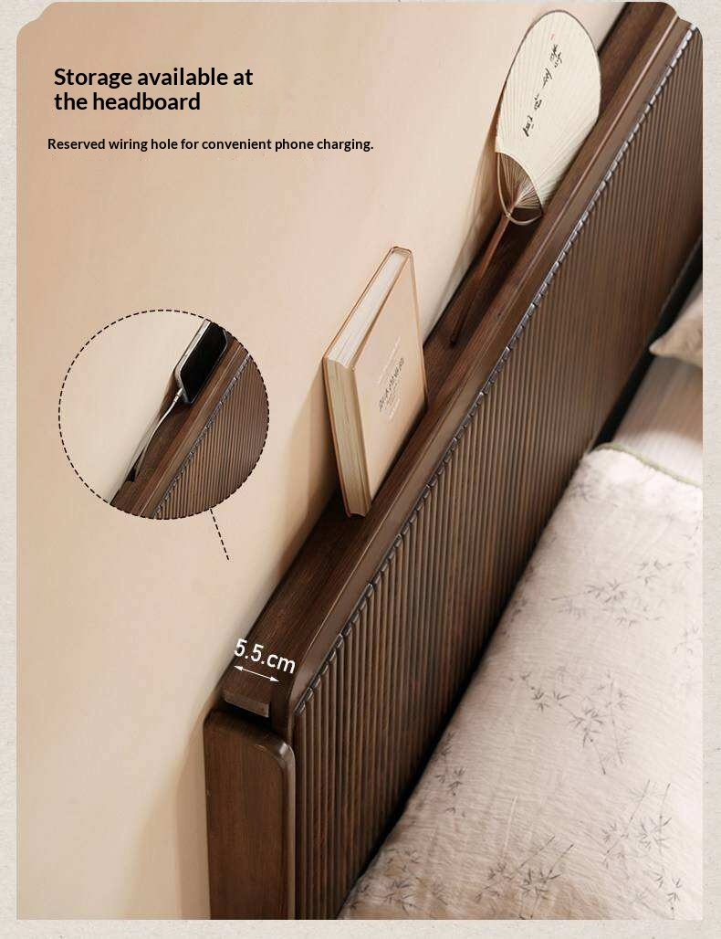 Ebony Solid Wood Bed with Vertical Fluted Panel Headboard and Block Legs