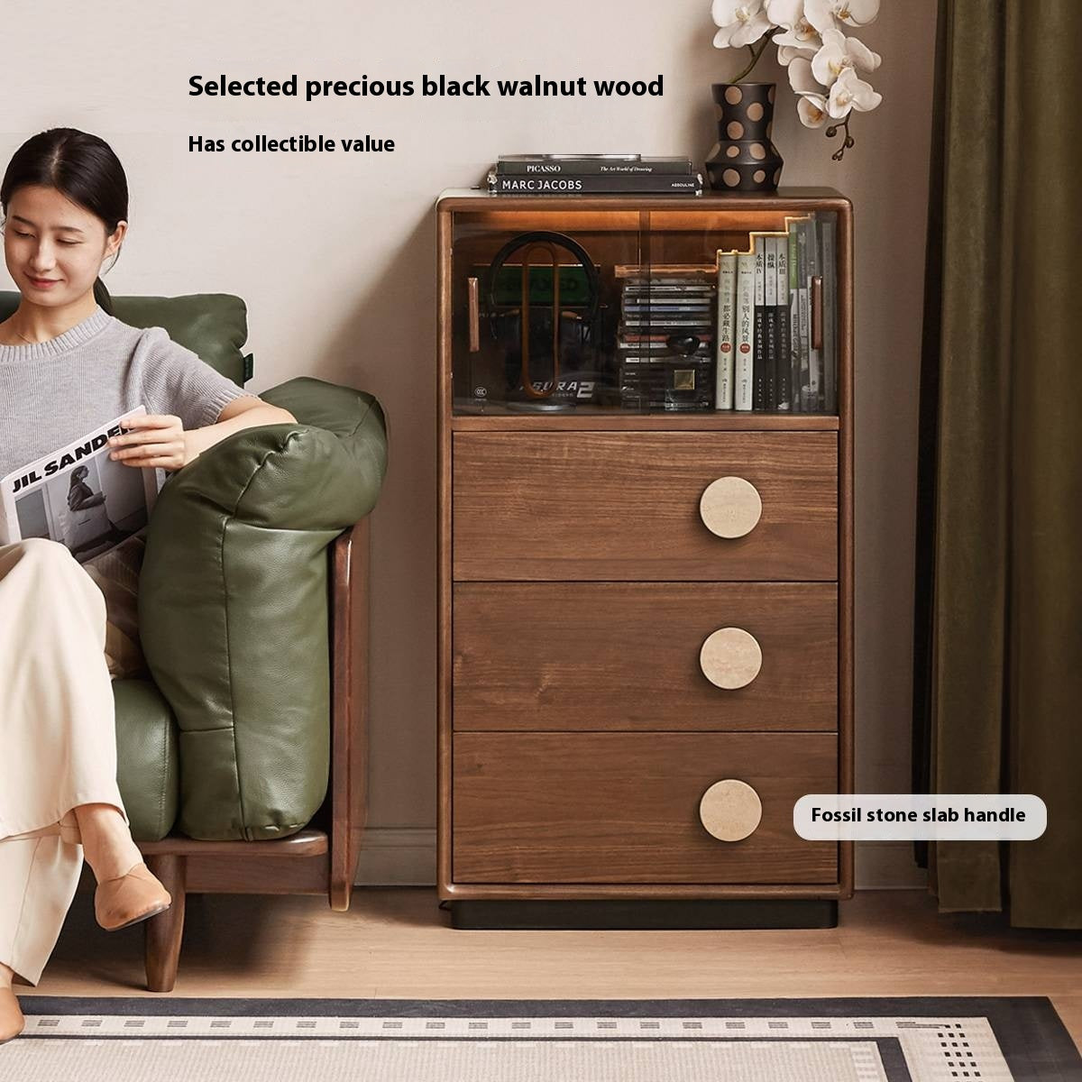 Black Walnut Solid Wood Retro Side Cabinet.