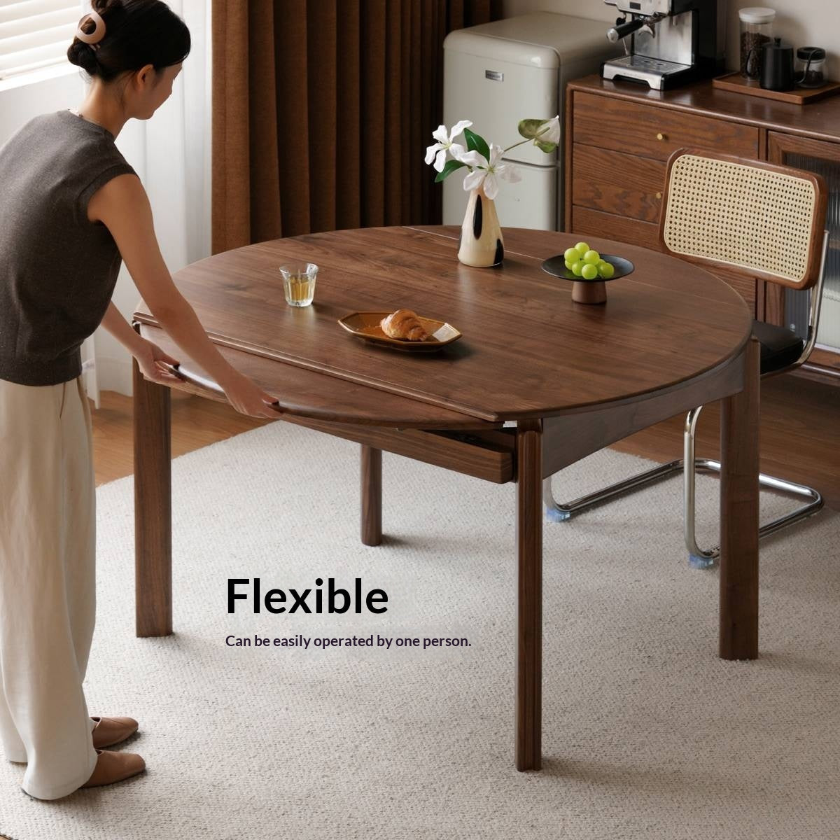 Black Walnut Solid Wood Retractable Round Dining Table