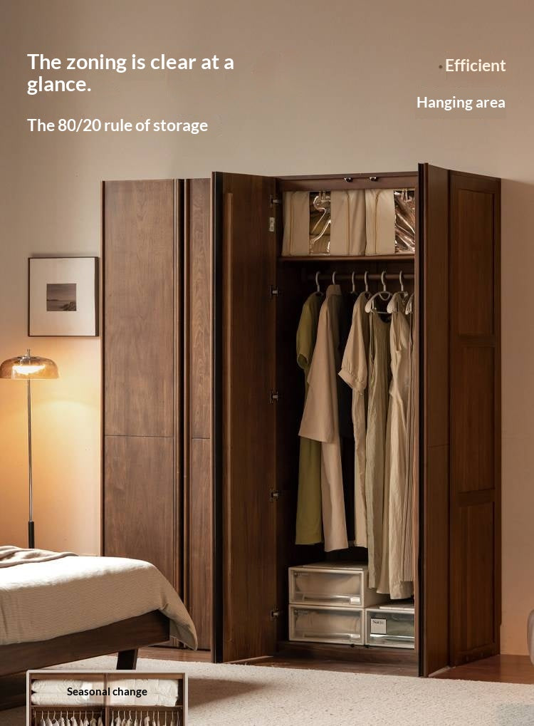 Black Walnut Solid Wood Wardrobe with Italian Light Luxury Style and Double Doors