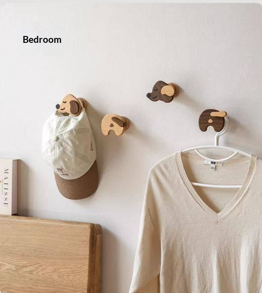 Beech, Black Walnut Solid Wood Puppy-Shaped Wall Hook with Cute Cartoon Design
