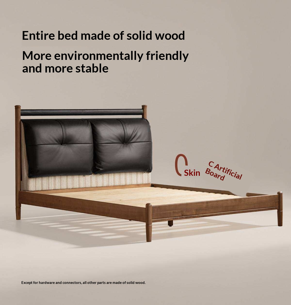 Black Walnut Solid Wood Bed with Plush Genuine Leather Cushioned Headboard