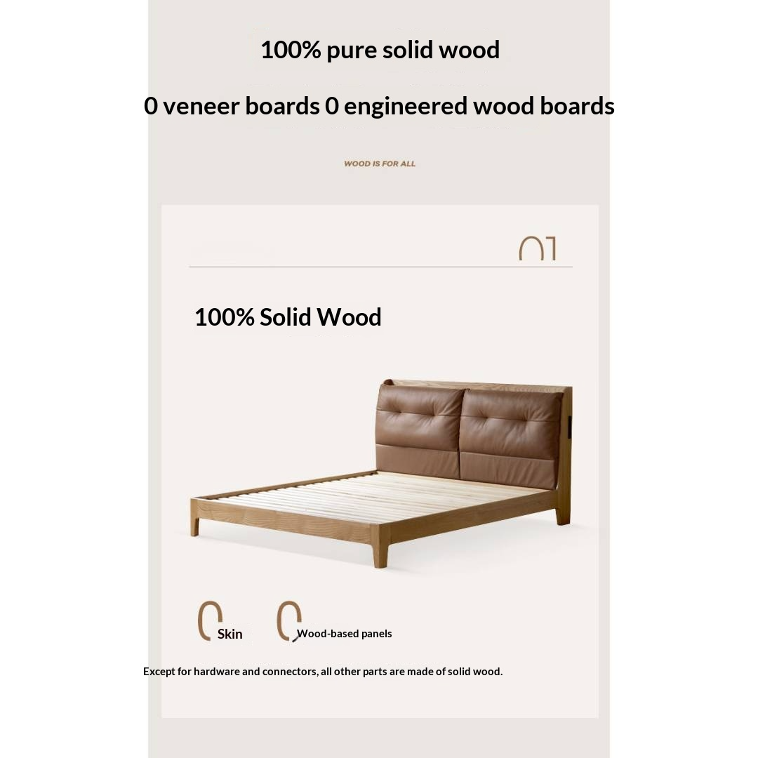 Ash Solid Wood Modern Leather Tufted Platform Bed with USB Charging Port