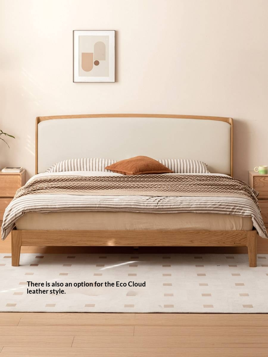 Oak Solid Wood Bed — Modern Minimalist, Genuine Leather Upholstered Bed