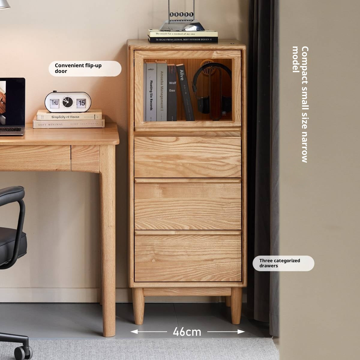 Ash Solid Wood Modern Minimalist Side Cabinet with Light.