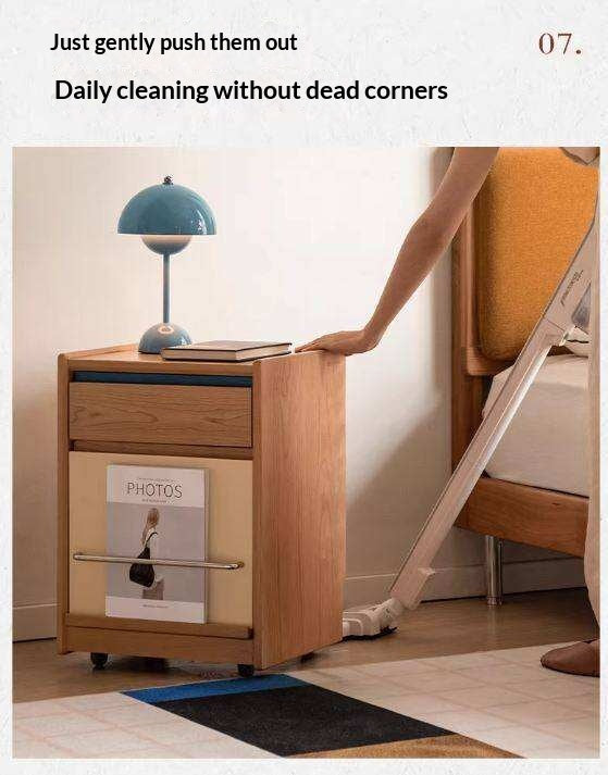 Cherry Solid Wood Nightstand with Storage Drawer and Magazine Holder with Wheels