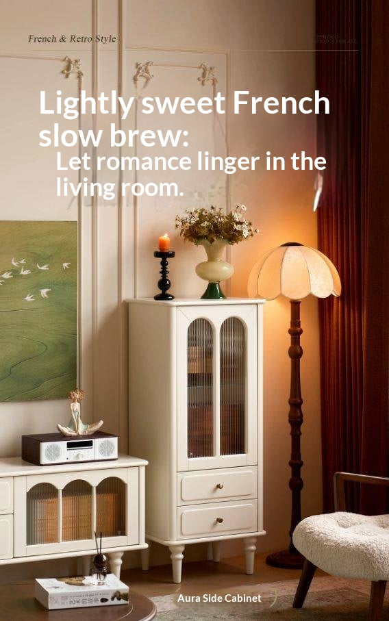 Solid RubberWood French Accent Cabinet with Round Arch Glass Doors and Turned Legs