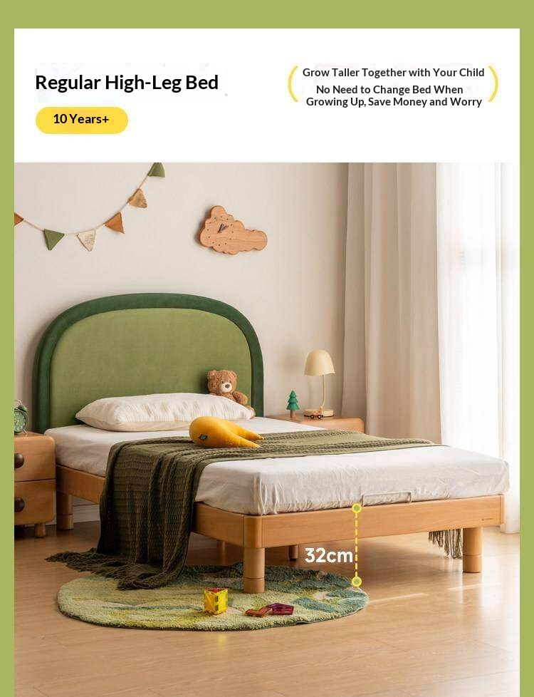Beech solid wood Kids Bed with Round Headboard and Adjustable Height Legs