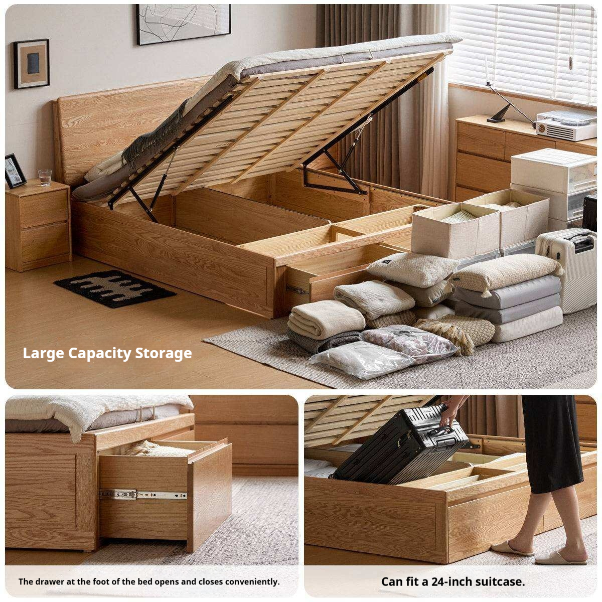 Oak Solid Wood Storage Bed with Hydraulic Lift-Up Frame and drawers