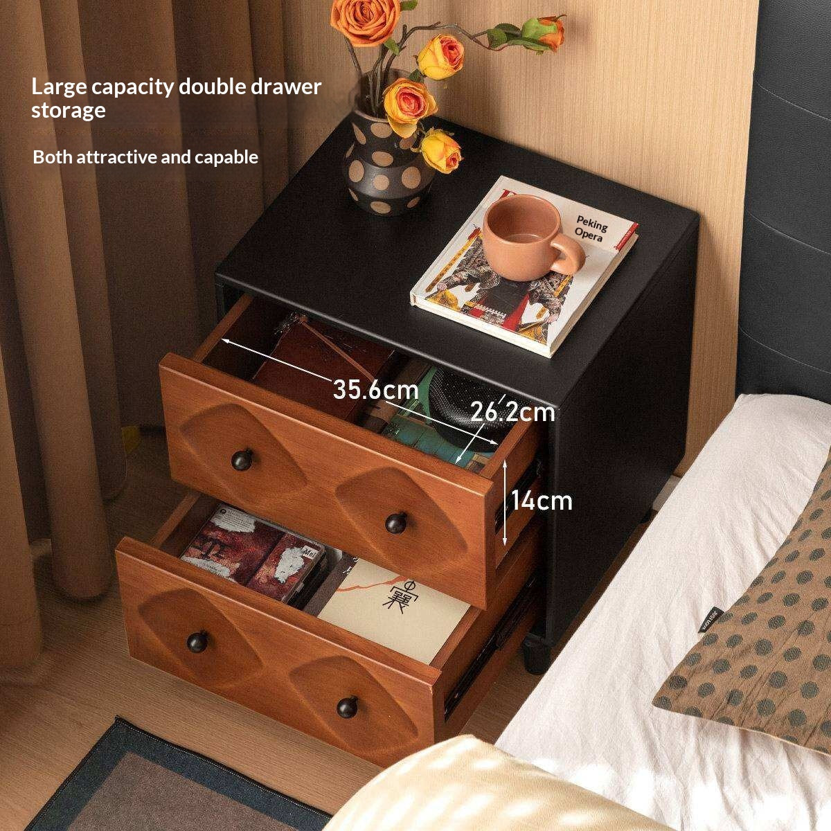 Solid RubberWood Nightstand Mid Century Two-Drawer Storage Cabinet