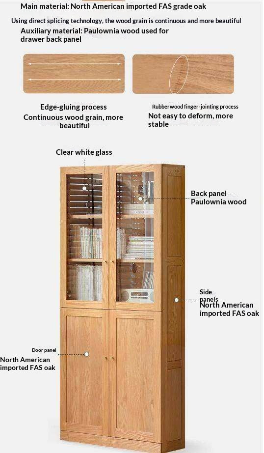 Oak, Solid Rubberwood Bookcase With Glass Doors