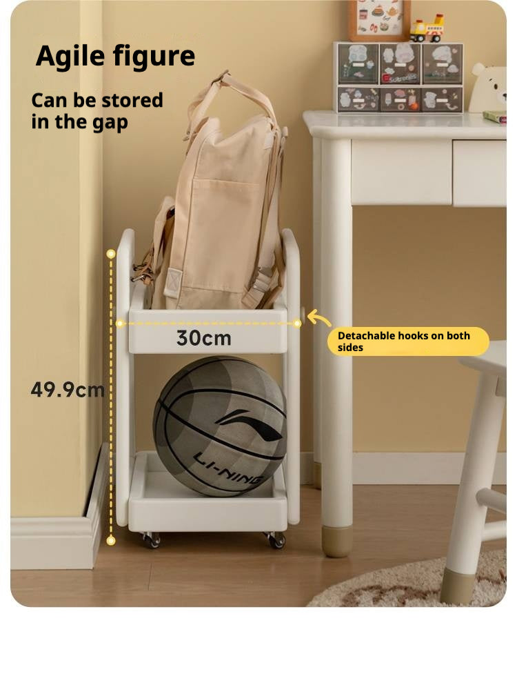 Rubber Solid Wood White Cream Style Under-Desk Movable Storage Rack.