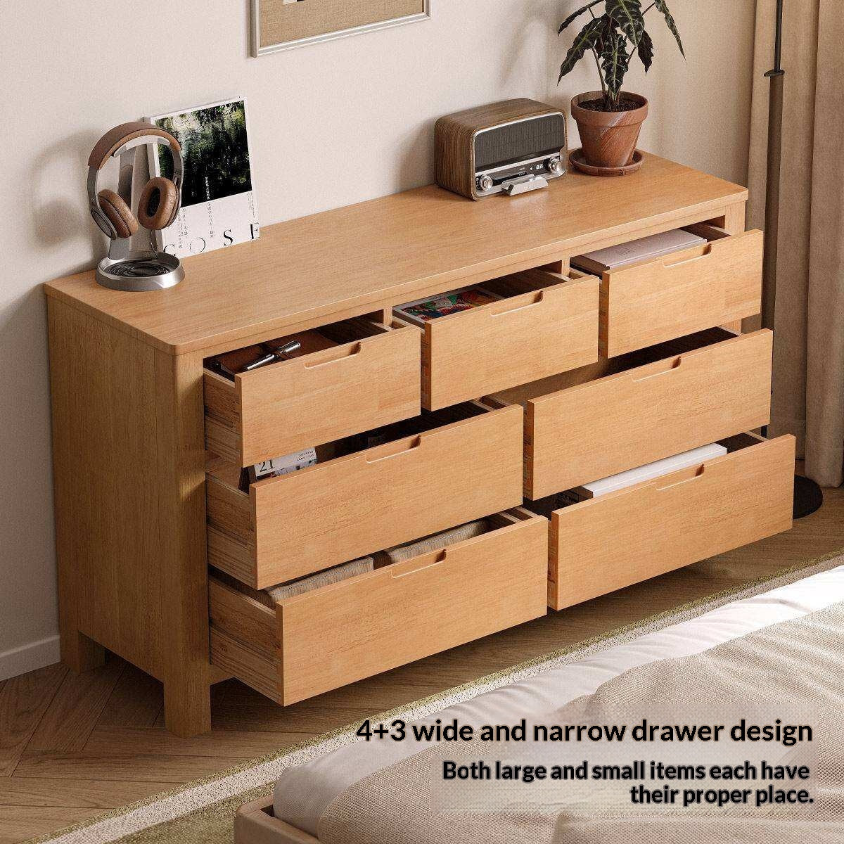 Solid Rubberwood Chest of Drawers with Seven Drawers in Modern Minimalist Style