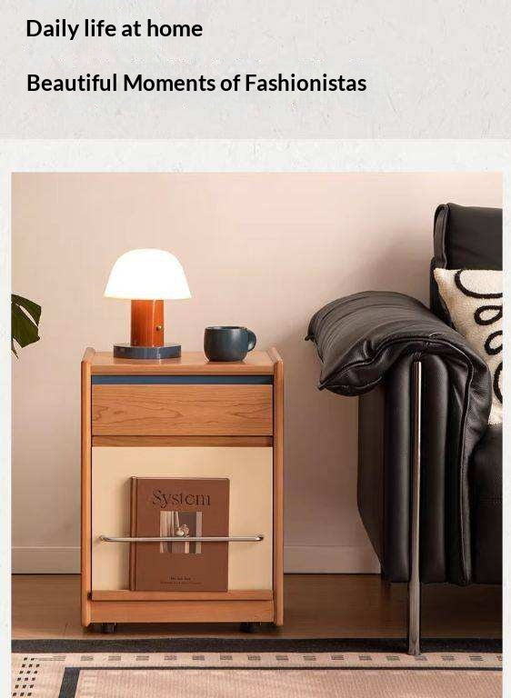 Cherry Solid Wood Nightstand with Storage Drawer and Magazine Holder with Wheels