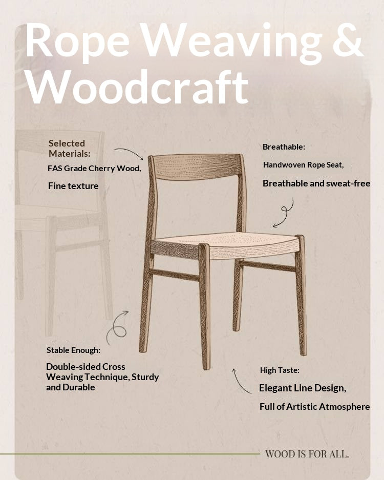 4 pcs -Cherry Solid Wood Dining Chair with Woven Cord Seat, Scandinavian Modern