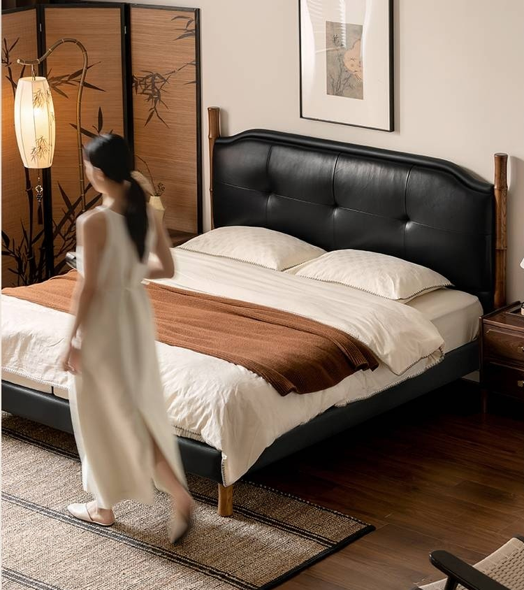 Genuine Leather Soft Headboard Bed