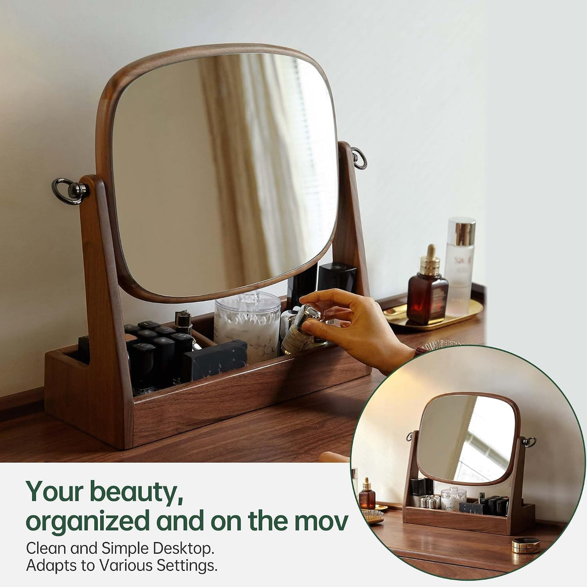 Black Walnut Solid Wood Vanity Makeup Mirror Tabletop