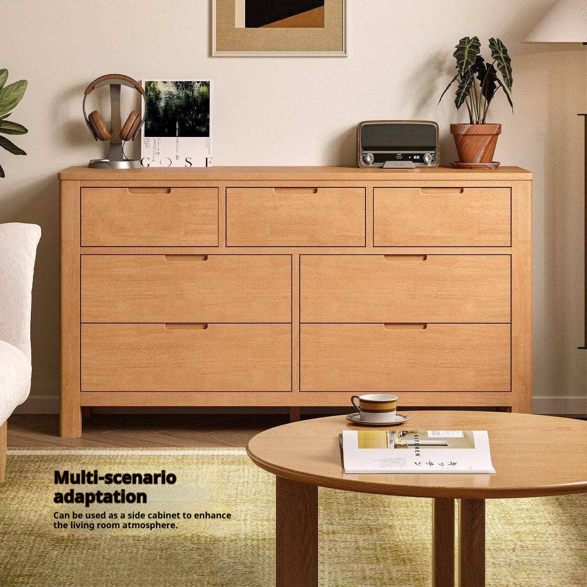 Solid Rubberwood Chest of Drawers with Seven Drawers in Modern Minimalist Style