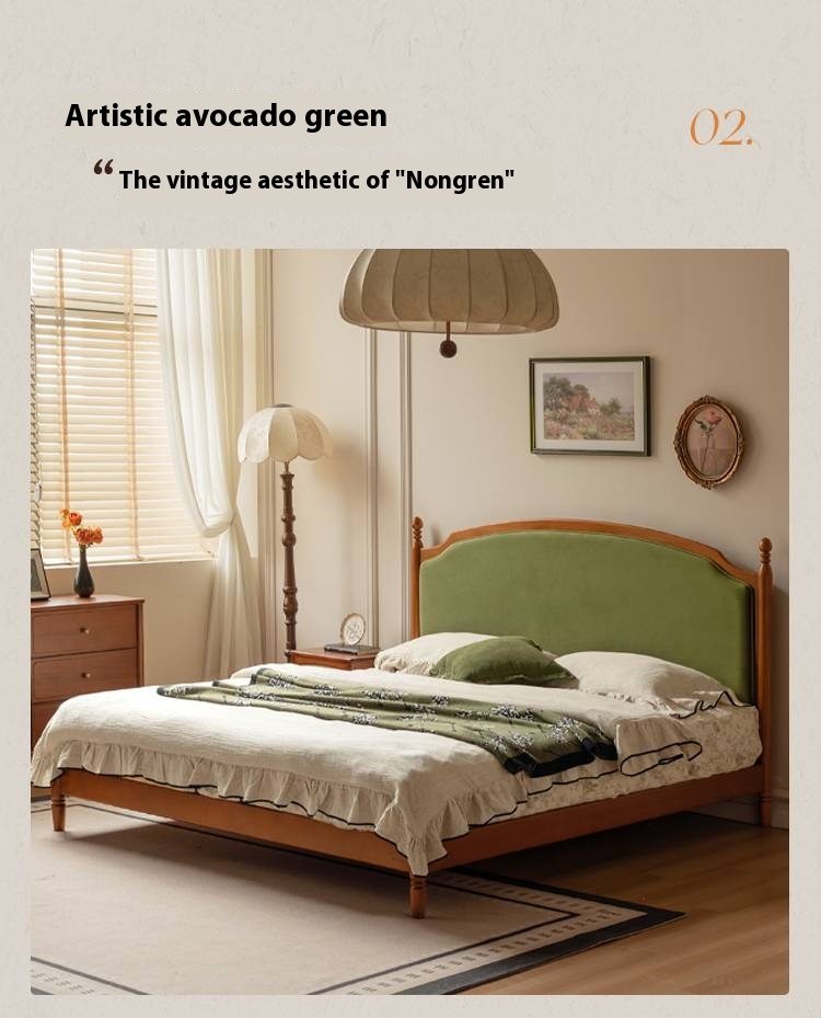 Poplar Solid Wood Bed – French Retro Design with Soft Fabric Upholstery