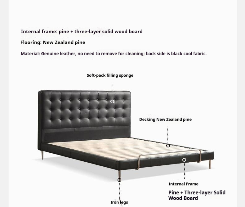 Genuine Leather Bed — Italian Light Luxury, Bauhaus Edge Design, Black Finish